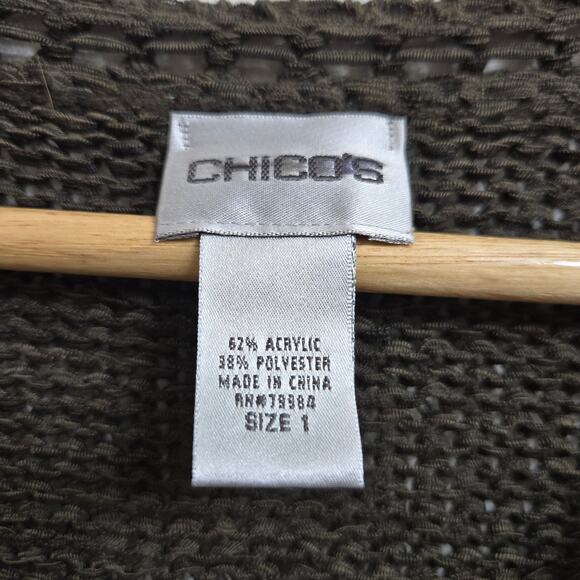 Chicos Womens Goblin Boho Forest Green Crotchet Trim Knit V-Neck Sweater Size 1 - Picture 9 of 12